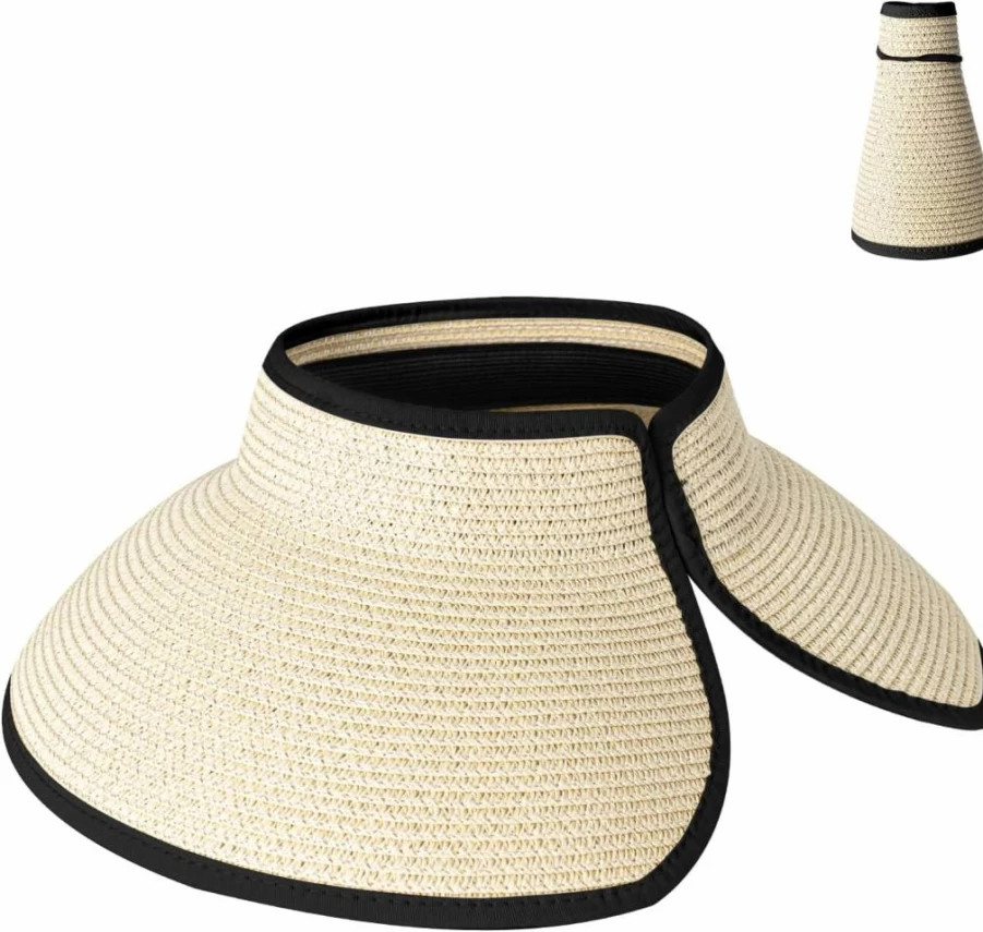 Rosoz Women's Wide Brim Straw Sun Hat - Foldable Floppy Beach Visor with Ponytail Hole for Outdoor Summer Activities