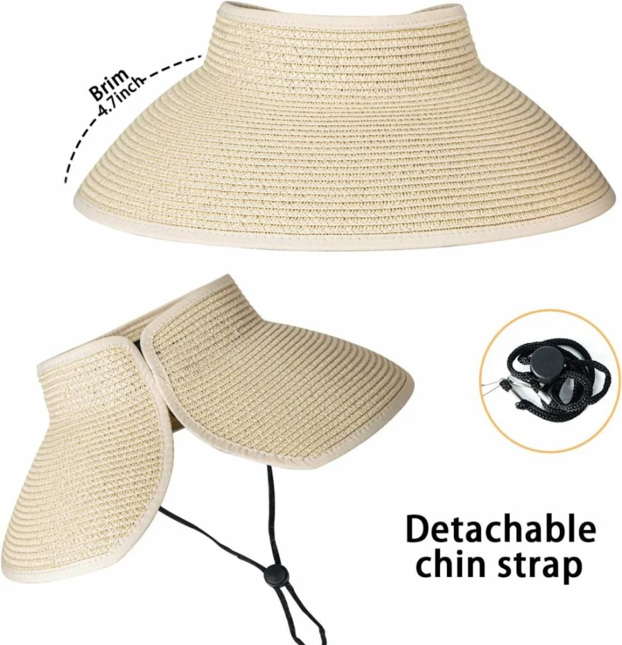 Rosoz Women's Wide Brim Straw Sun Hat - Foldable Floppy Beach Visor with Ponytail Hole for Outdoor Summer Activities