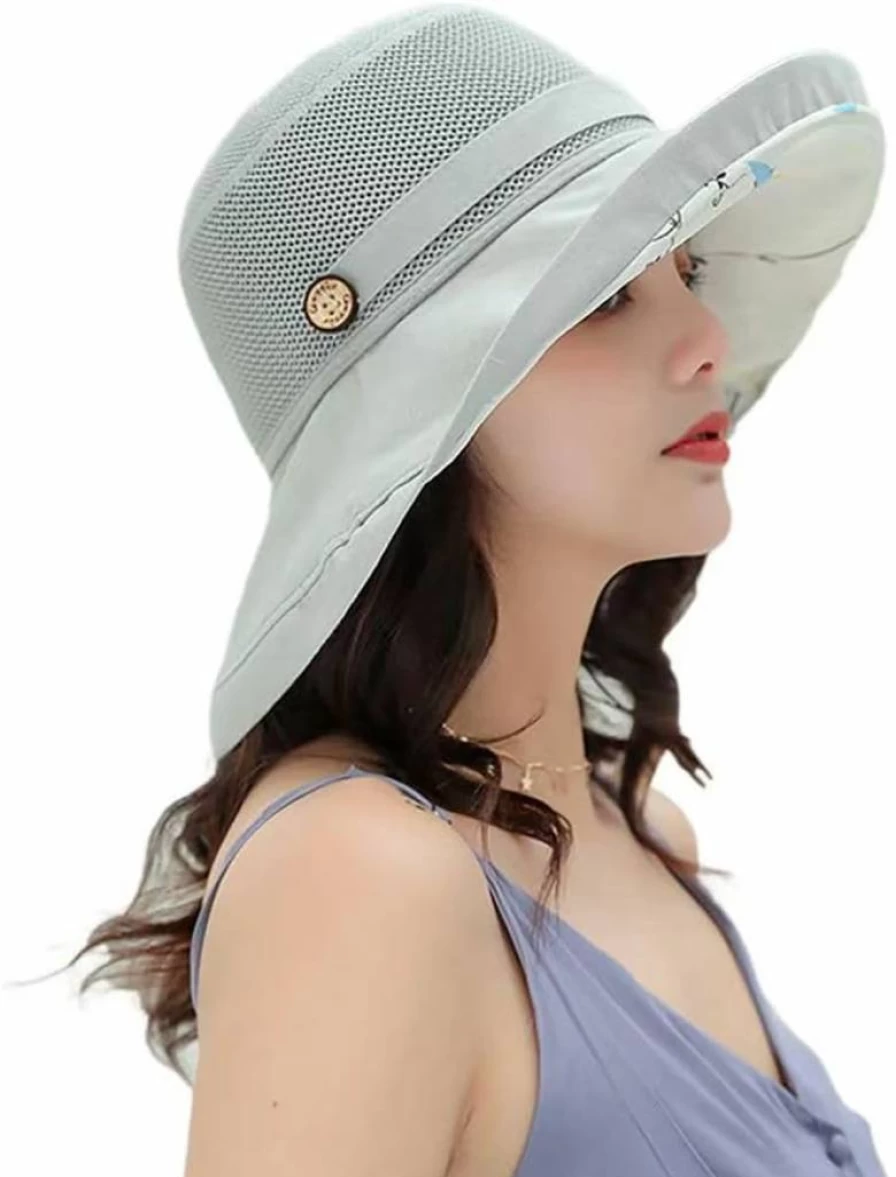 KorhLeoh Women's Summer UV Protection Wide Brim Packable Mesh Beach Hat - Breathable Bucket Sun Hat for Outdoor Travel