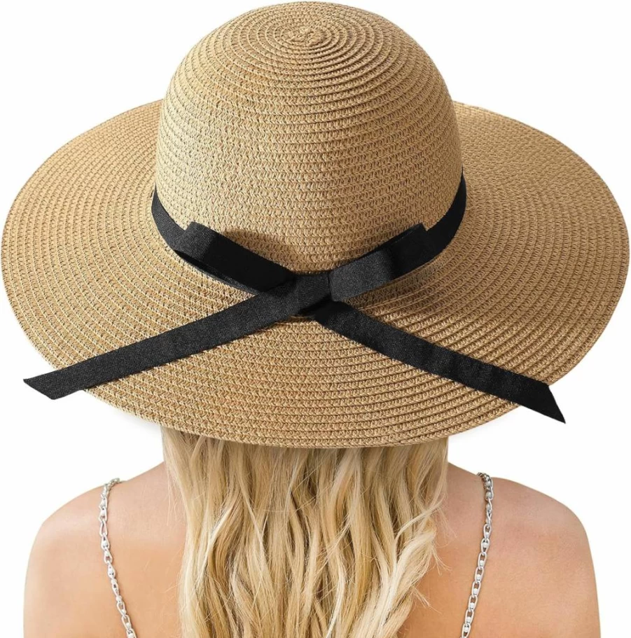 Trifabricy Women's UPF 50+ Wide Brim Straw Sun Hat - Foldable Floppy Beach Hat for Summer UV Protection