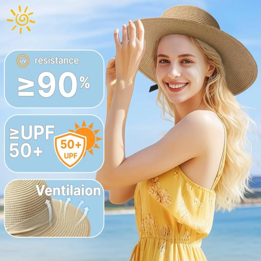 Trifabricy Women's UPF 50+ Wide Brim Straw Sun Hat - Foldable Floppy Beach Hat for Summer UV Protection