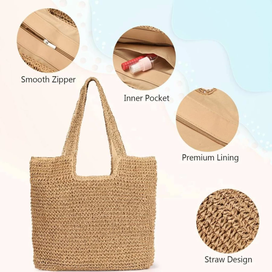 Sightor Straw Woven Tote Bag for Women - Large Handmade Beach Shoulder Bag, Summer Hobo Purse for Vacation, Picnic, and Travel