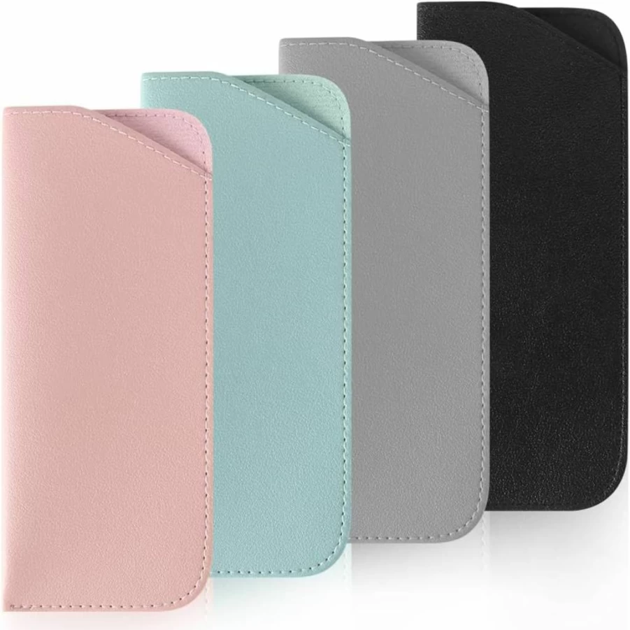 TIECHI 4 Pack Soft PU Leather Eyeglass Cases - Portable Squeeze Top Glasses Pouch for Men & Women, Sunglass Holder Travel Accessories