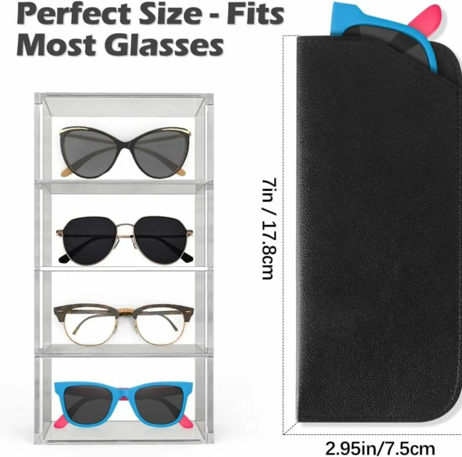 TIECHI 4 Pack Soft PU Leather Eyeglass Cases - Portable Squeeze Top Glasses Pouch for Men & Women, Sunglass Holder Travel Accessories