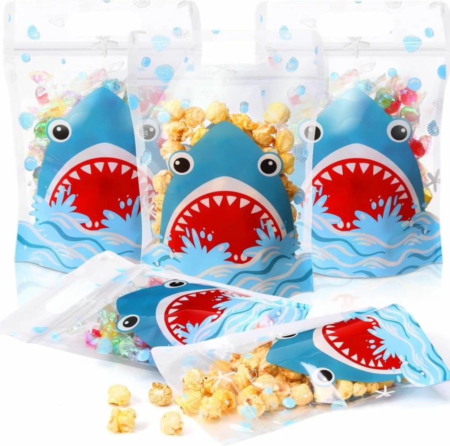 Teenyyou 60 Pcs Shark Themed Party Favor Bags with Handles - Durable Plastic Gift Bags for Summer, Ocean & Birthday Celebrations