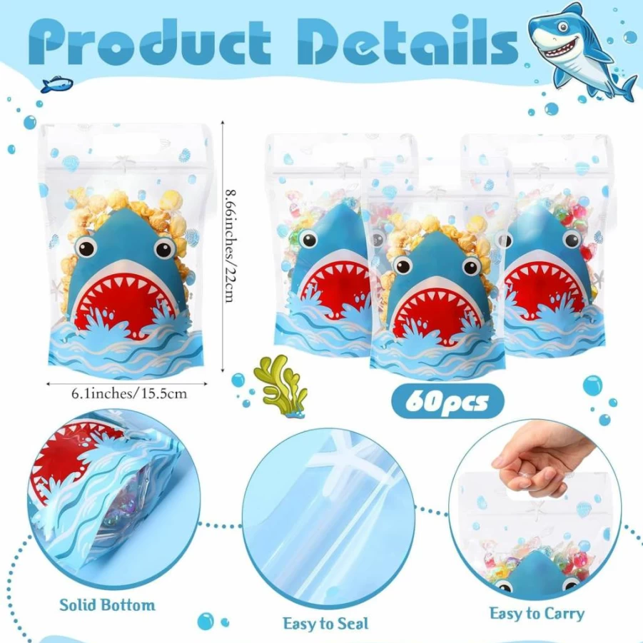 Teenyyou 60 Pcs Shark Themed Party Favor Bags with Handles - Durable Plastic Gift Bags for Summer, Ocean & Birthday Celebrations