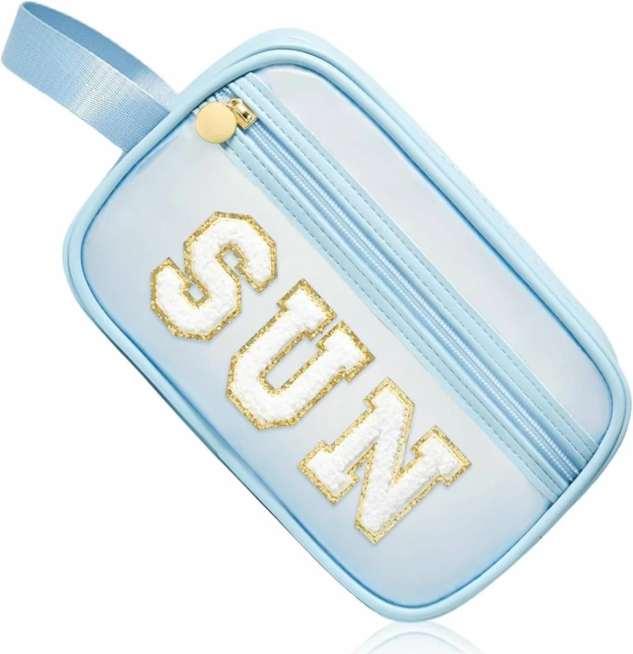 COSHAYSOO Clear Makeup Bag with Chenille Letter Patch, SPF Sunscreen Travel Pouch, Cute Toiletry Organizer for Women & Teens, Small Beach Cosmetic Bag, Preppy Zipper Purse Gift
