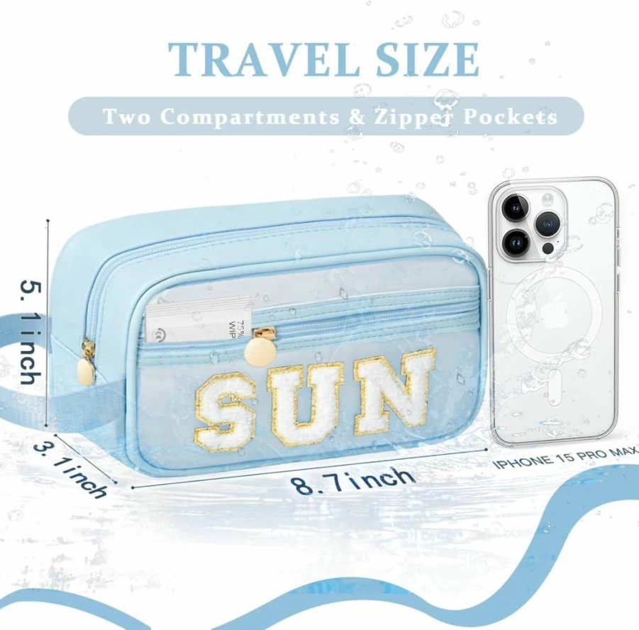 COSHAYSOO Clear Makeup Bag with Chenille Letter Patch, SPF Sunscreen Travel Pouch, Cute Toiletry Organizer for Women & Teens, Small Beach Cosmetic Bag, Preppy Zipper Purse Gift