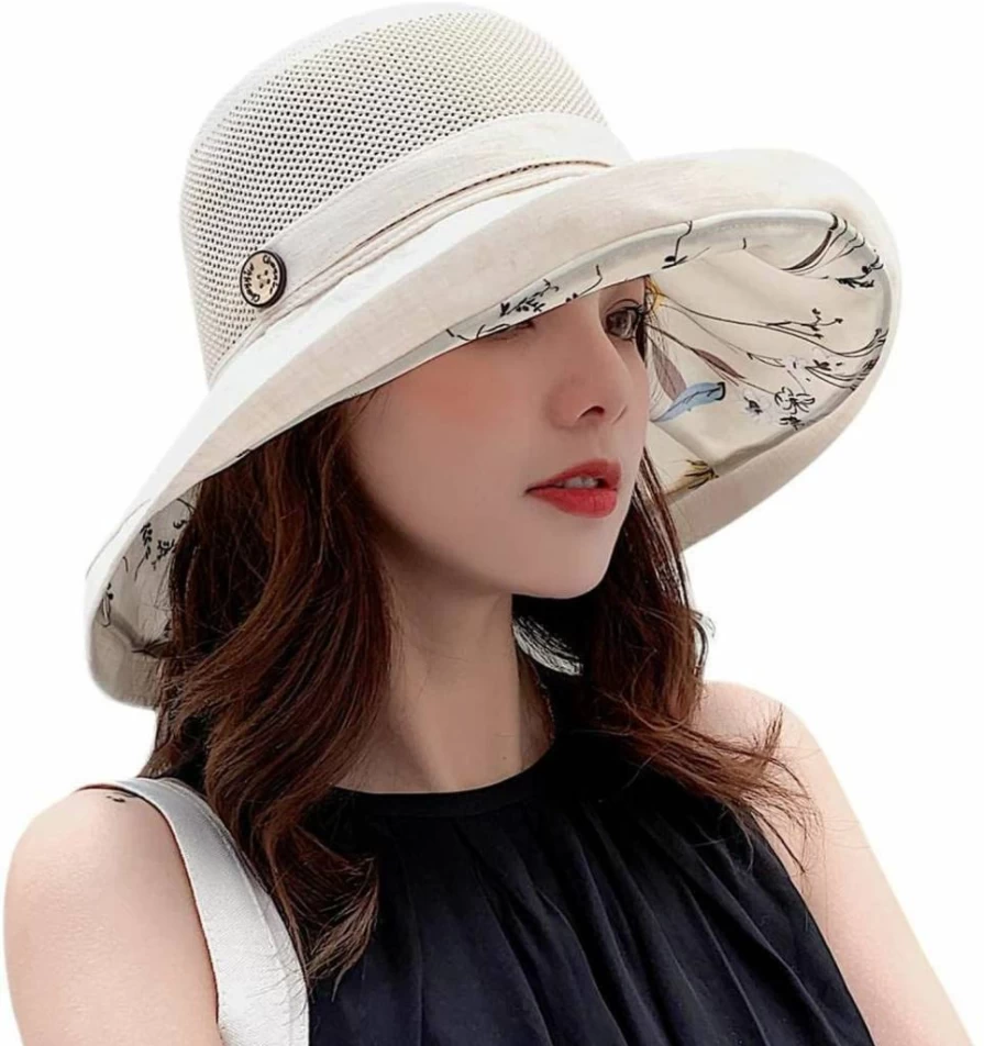 UTOWO Women's Summer UV Protection Wide Brim Packable Bucket Hat - Foldable Mesh Beach Sun Hat for Outdoor Travel