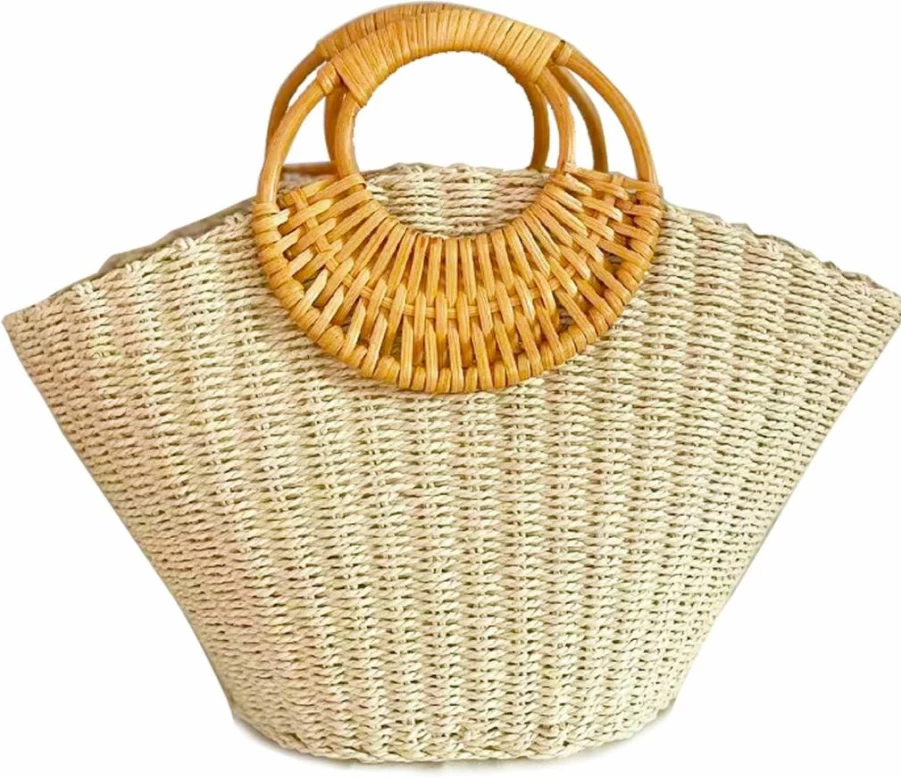 QZUnique Hand-Woven Straw Tote Bag for Women - Retro Rattan Beach Purse with Wooden Handle, Summer Clutch Travel Handbag