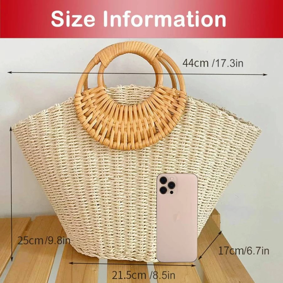 QZUnique Hand-Woven Straw Tote Bag for Women - Retro Rattan Beach Purse with Wooden Handle, Summer Clutch Travel Handbag