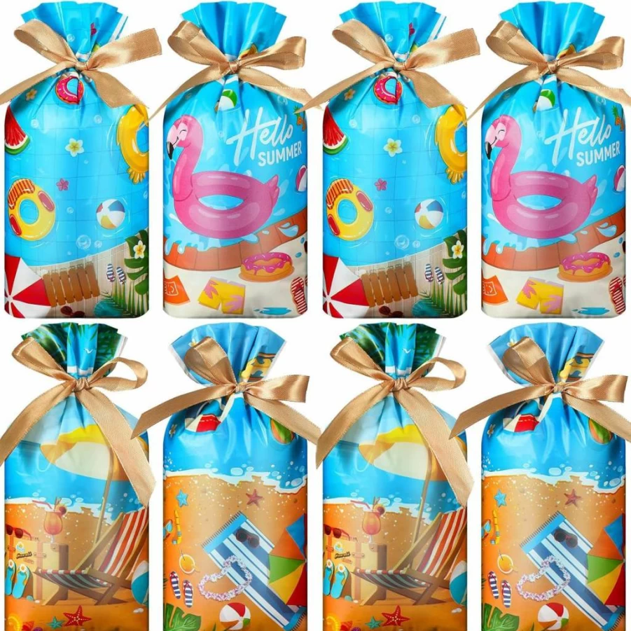 Tiamon 60-Pack Summer Party Favor Bags - Beach Pool Drawstring Gift Pouches for Candy, Goodies, and Treats - Hawaiian Luau Themed Plastic Bags with Beach Ball Design