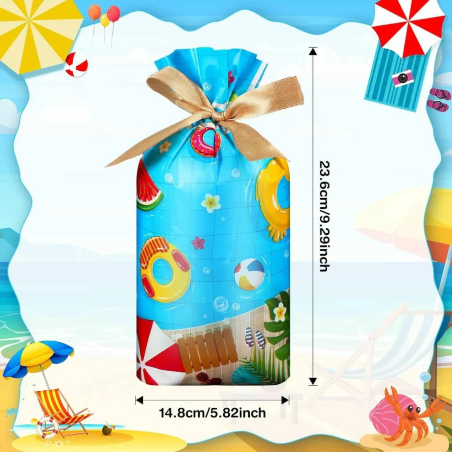 Tiamon 60-Pack Summer Party Favor Bags - Beach Pool Drawstring Gift Pouches for Candy, Goodies, and Treats - Hawaiian Luau Themed Plastic Bags with Beach Ball Design