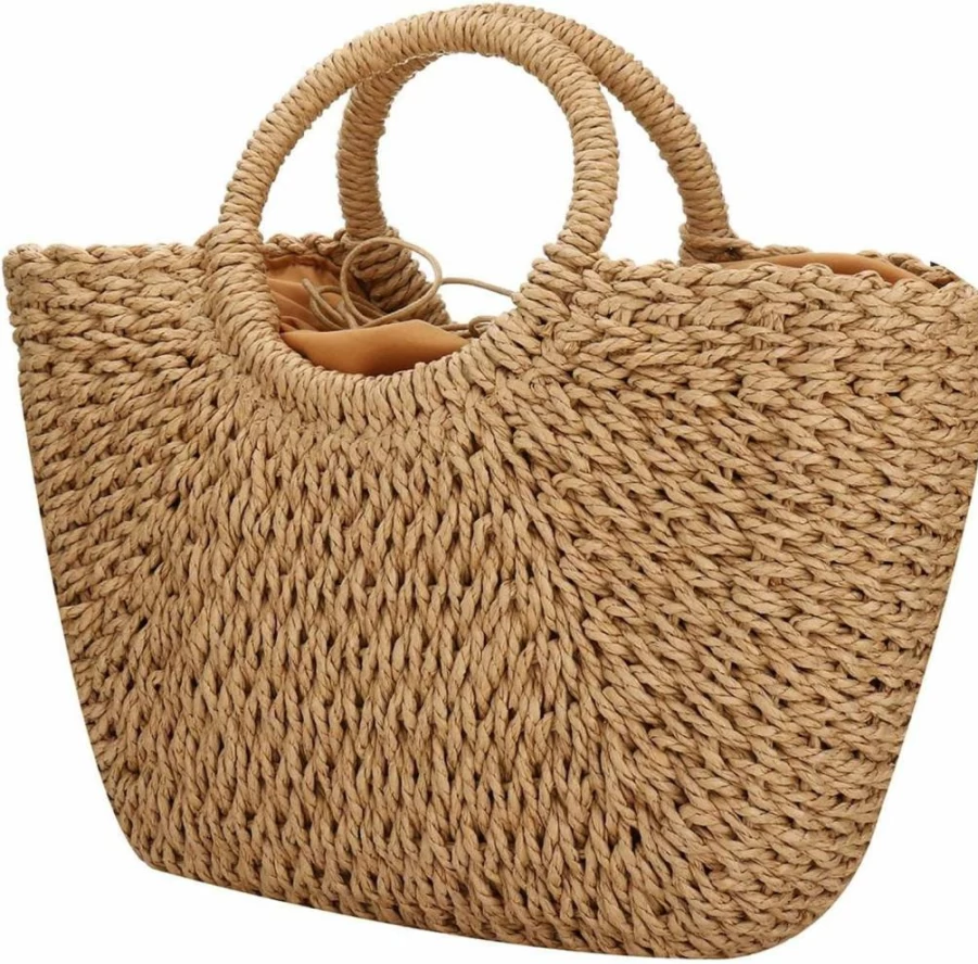 EROUGE Hand Woven Straw Beach Bag - Natural Chic Round Handle Retro Summer Tote for Women