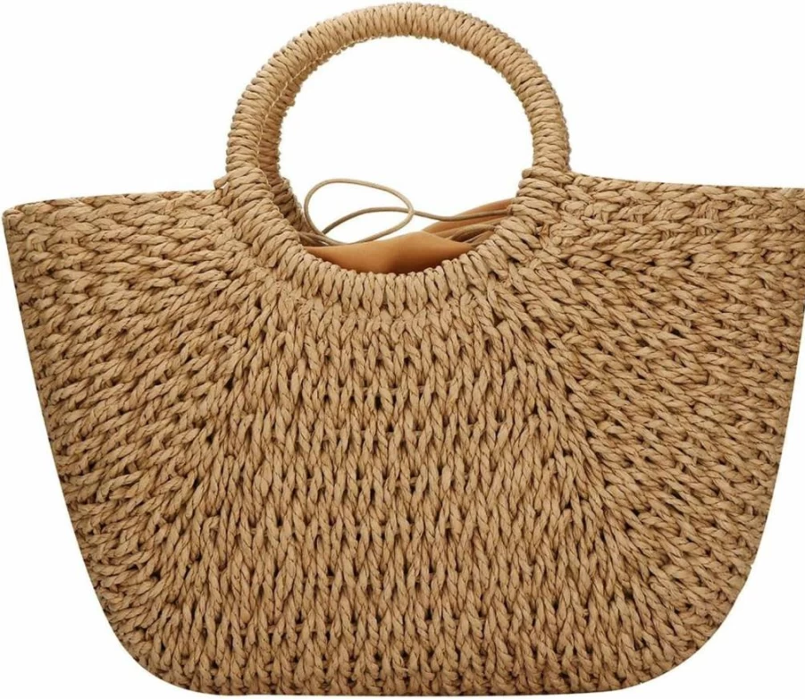 EROUGE Hand Woven Straw Beach Bag - Natural Chic Round Handle Retro Summer Tote for Women