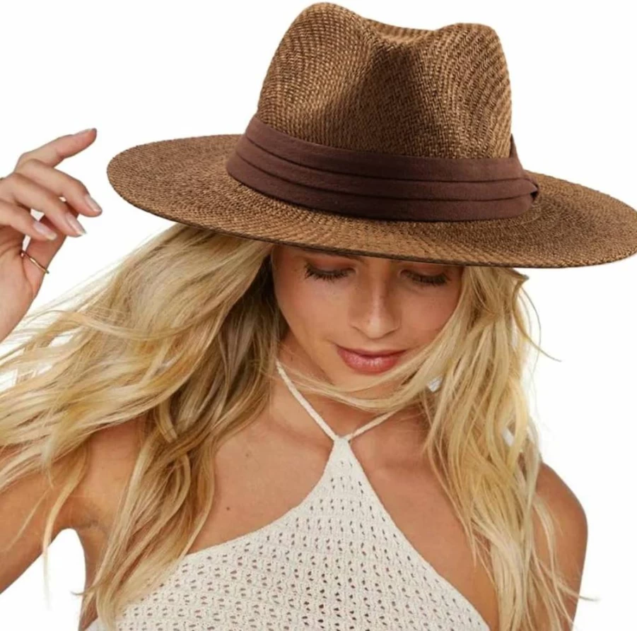 LADYBRO Straw Fedora Sun Hat for Men & Women - Wide Brim Panama Beach Hat for Summer Outdoor Activities