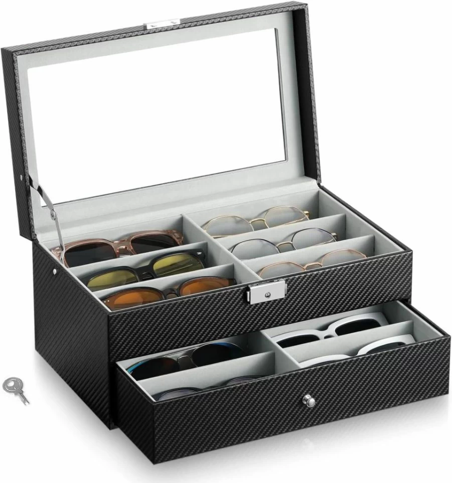 MoKo Leather Sunglasses Display Case with Clear Glass Lid & Storage Drawer – Premium Eyewear Organizer Holder