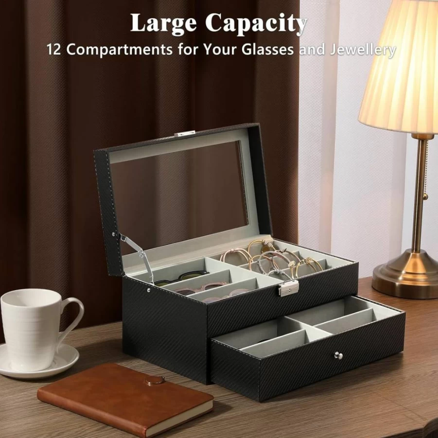 MoKo Leather Sunglasses Display Case with Clear Glass Lid & Storage Drawer – Premium Eyewear Organizer Holder