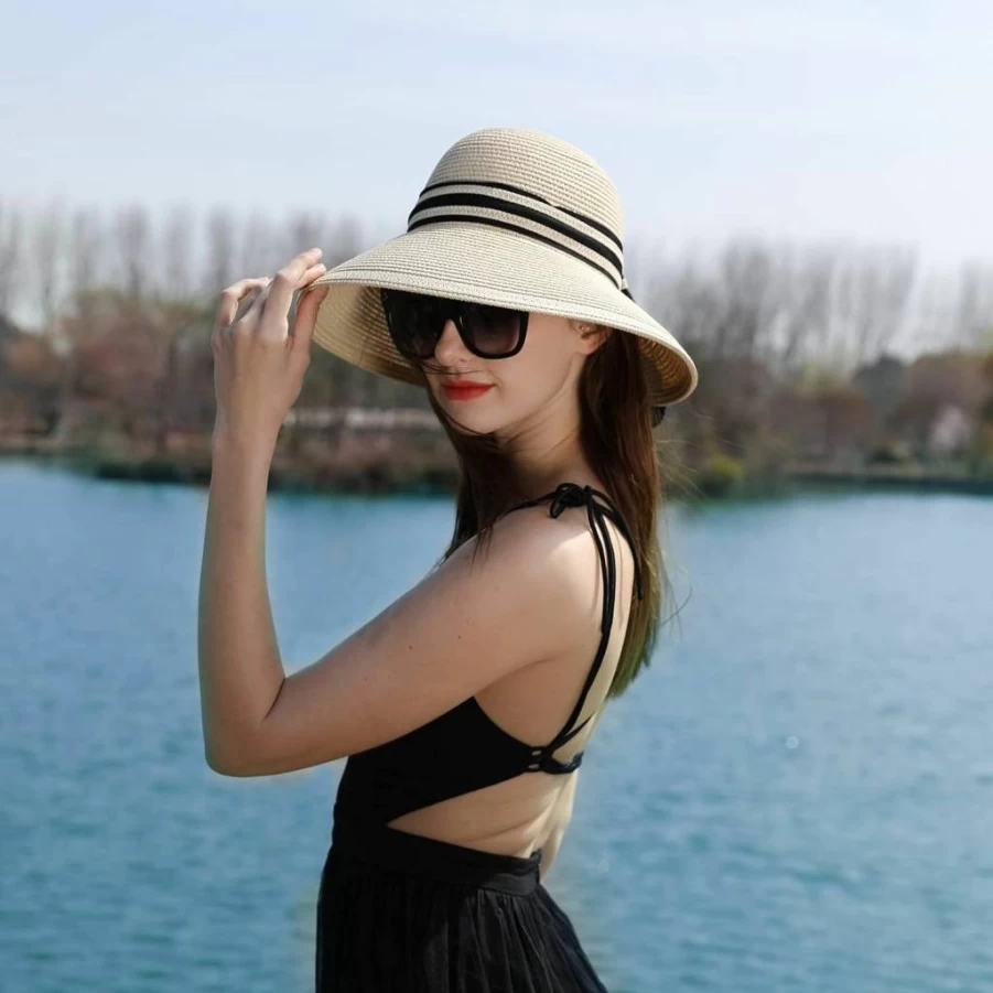 Comhats Women's Wide Brim Straw Sun Hat SPF 50+ for Summer Beach & Outdoor Activities, Adjustable 55-64cm Floppy Hat