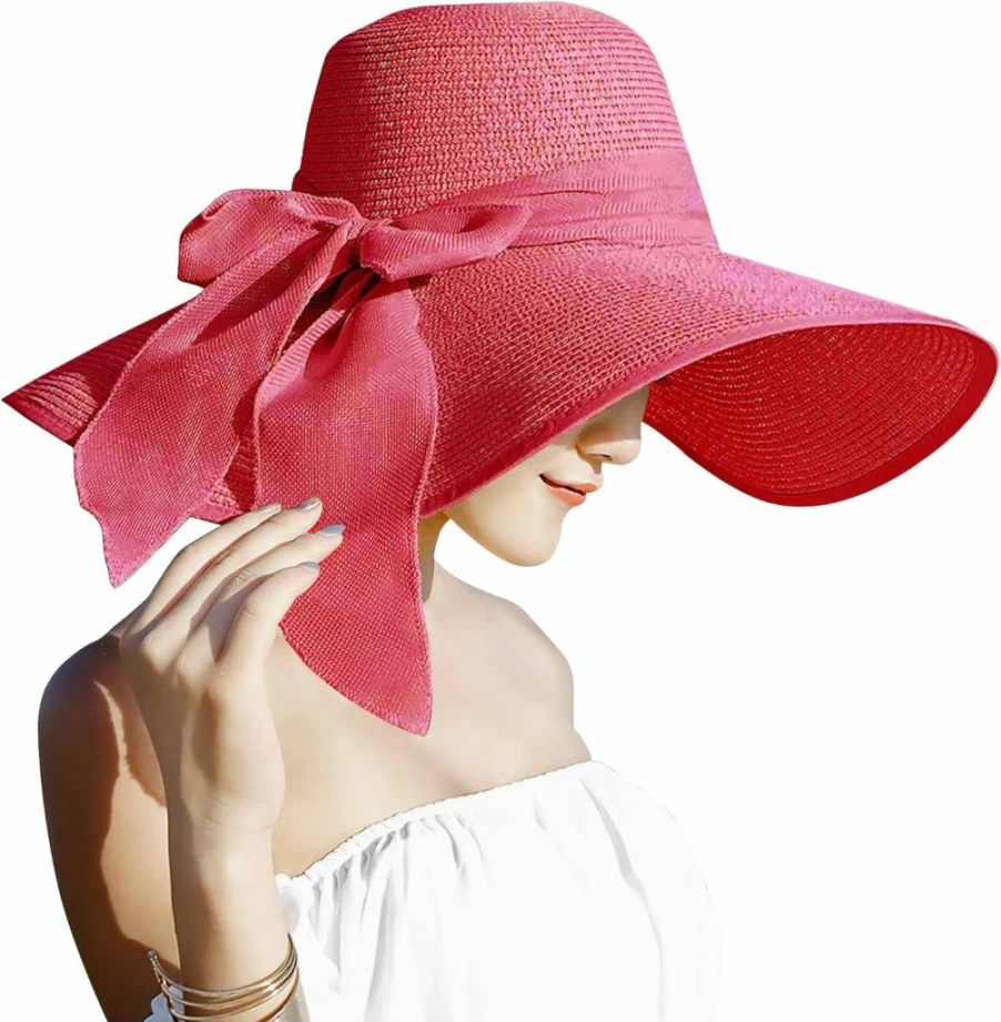 Lanzom Women's Wide Brim Floppy Sun Hat with Bow - UPF 50+ Foldable Beach Hat for Summer Outdoor Protection