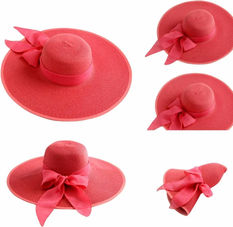 Lanzom Women's Wide Brim Floppy Sun Hat with Bow - UPF 50+ Foldable Beach Hat for Summer Outdoor Protection