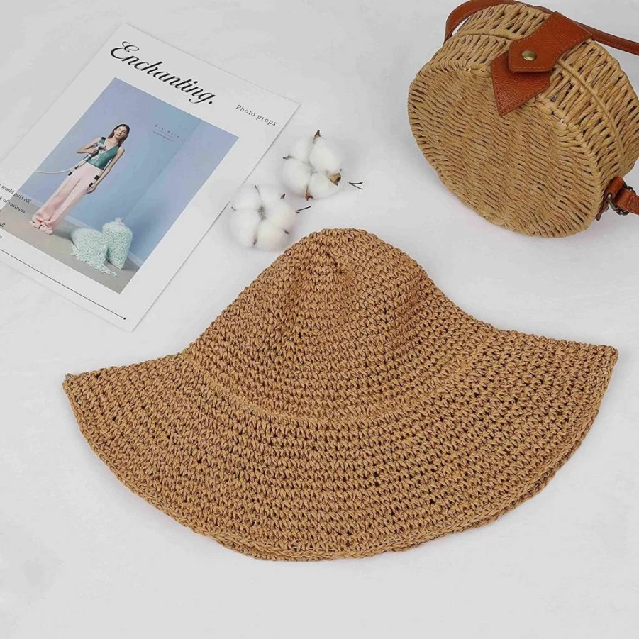 Boolavard Women's 100% Natural Paper Braided Wide Brim Straw Hat - Foldable Floppy Beach Sun Cap for Summer Travel & Vacation