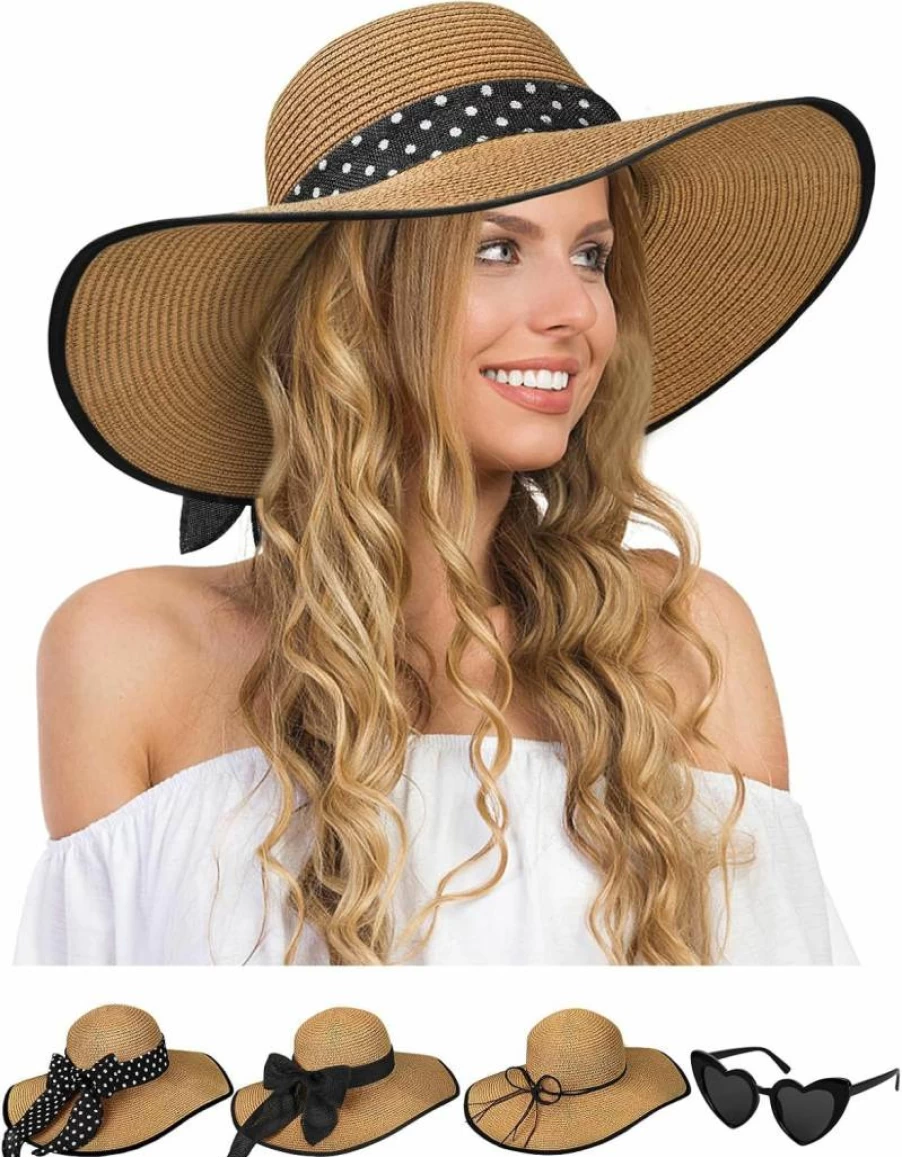 Senker Fashion Women's Wide Brim Floppy Straw Sun Hat - UPF 50+ Foldable Beach Hat with Heart Sunglasses for Summer Travel