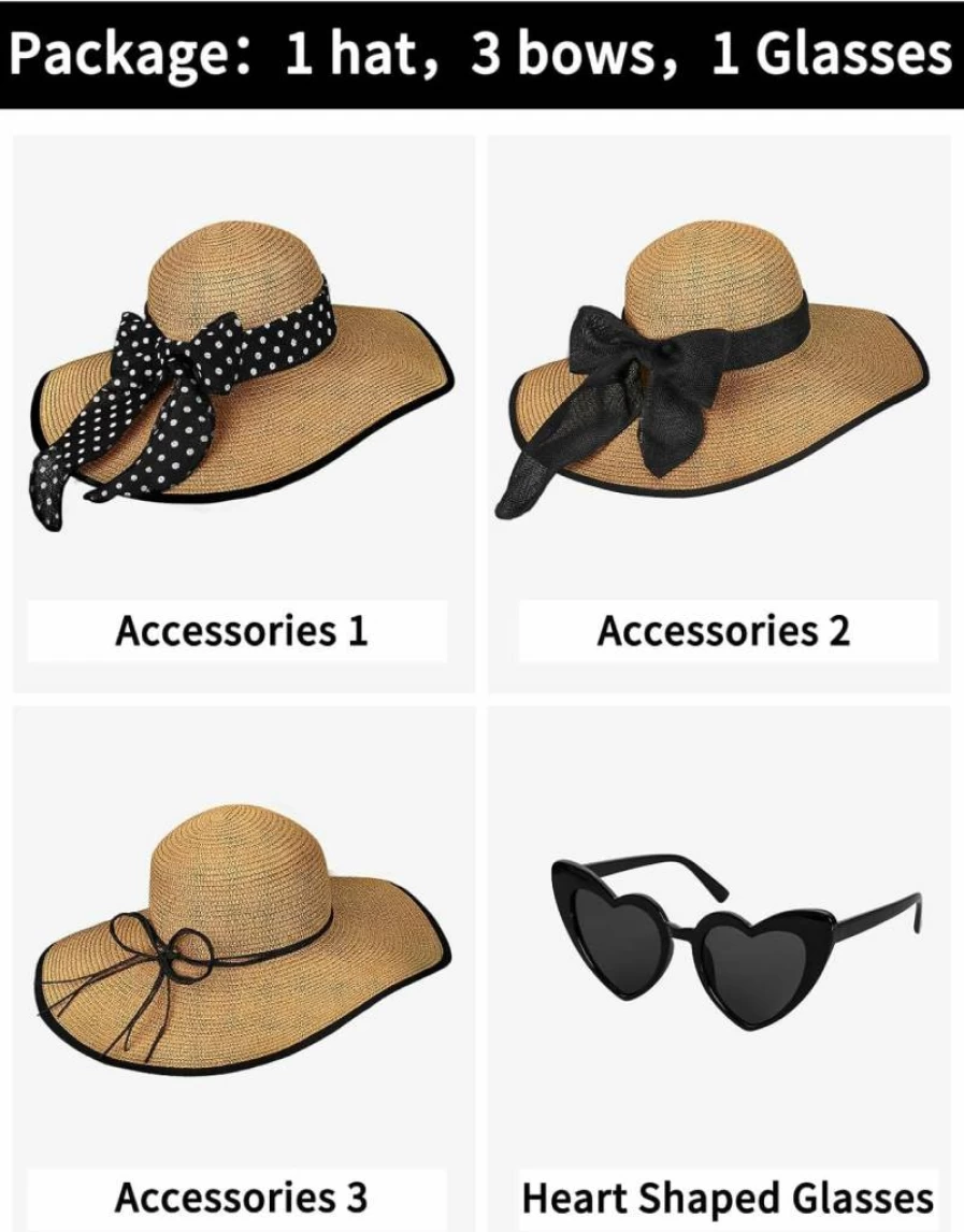 Senker Fashion Women's Wide Brim Floppy Straw Sun Hat - UPF 50+ Foldable Beach Hat with Heart Sunglasses for Summer Travel