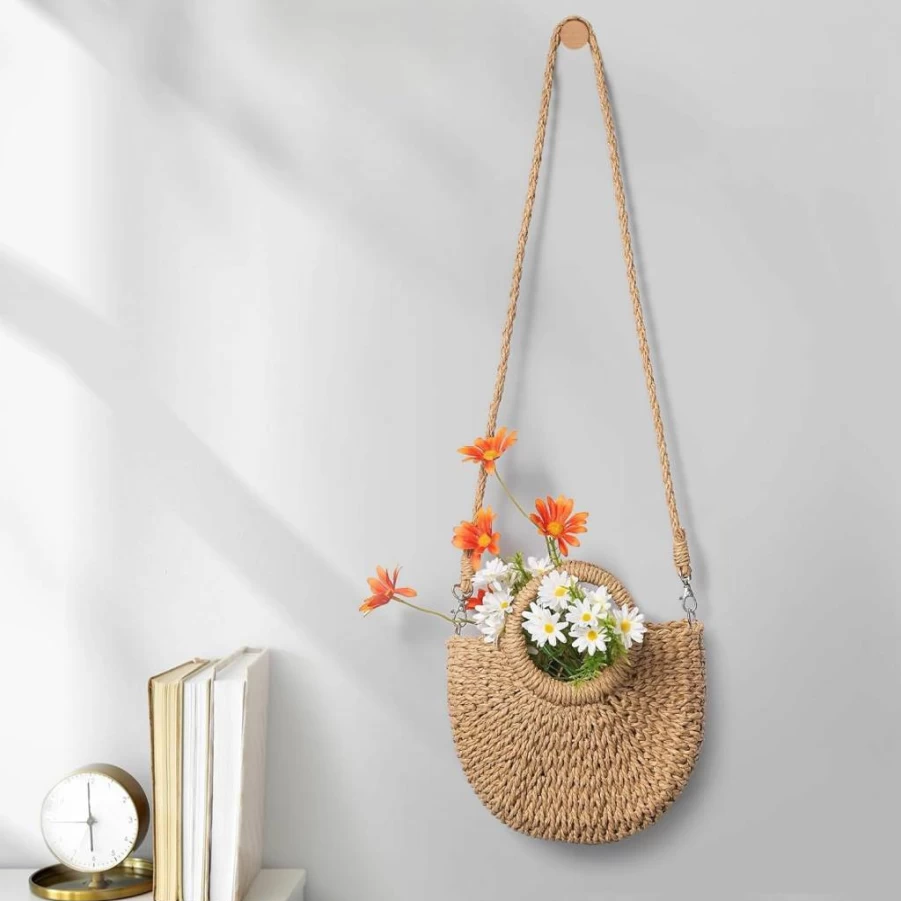 Pleneal Handmade Woven Straw Beach Tote Bag for Women - Summer Mesh Hollow Shoulder Bag for Holiday & Travel