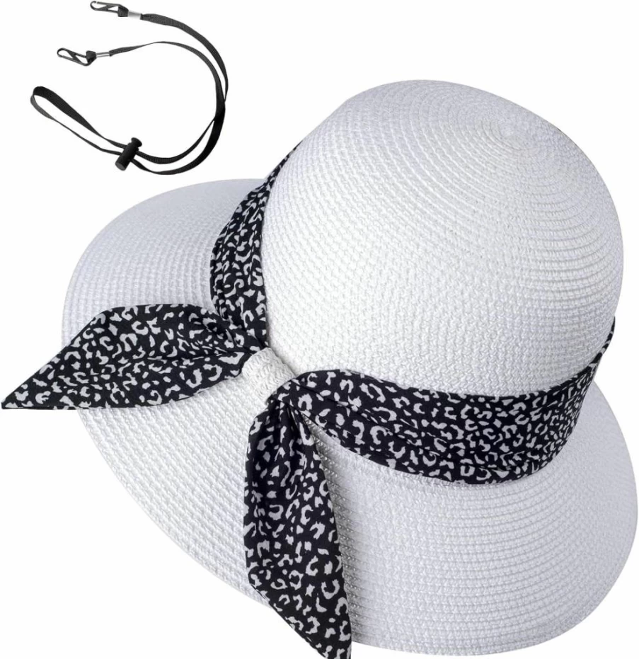 FENELY Women's Summer Straw Sun Hat Wide Brim UV Protection UPF 50+ Foldable Beach Hat with Adjustable Chin Strap and Bowknot Floppy Cap
