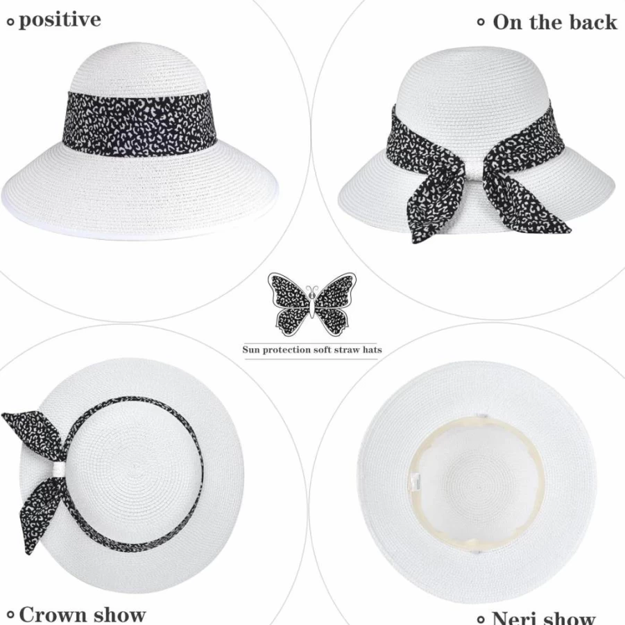 FENELY Women's Summer Straw Sun Hat Wide Brim UV Protection UPF 50+ Foldable Beach Hat with Adjustable Chin Strap and Bowknot Floppy Cap