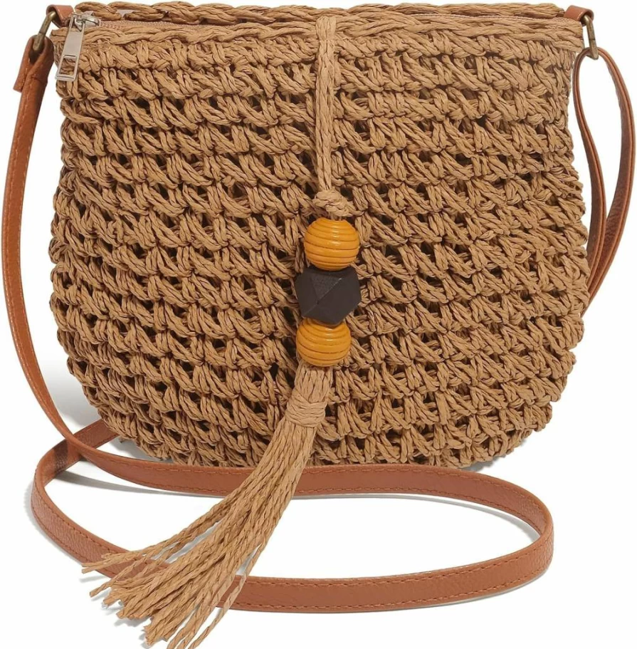 NEWROGENG Handwoven Straw Beach Bag for Women - Boho Crossbody Purse with Tassels, Summer Vacation Wicker Tote, Natural Fiber Shoulder Bag