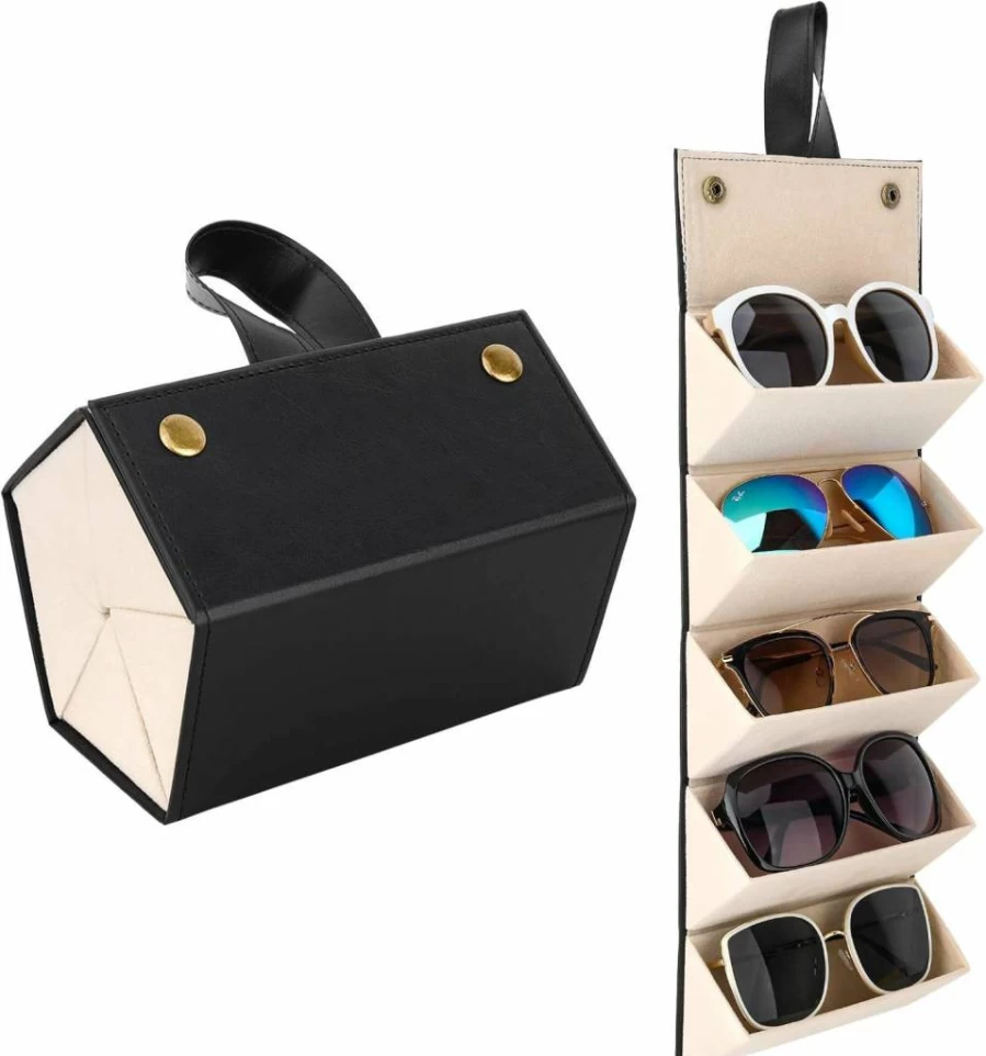 Mowsug Leather Hanging Sunglasses Organizer Case - Foldable Travel Eyeglasses Storage Box for Men & Women