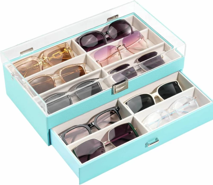 ProCase 12-Slot Acrylic Eyeglass Organizer with Transparent Lid, 2-Tier Sunglass Storage Display Case, Champagne Finish