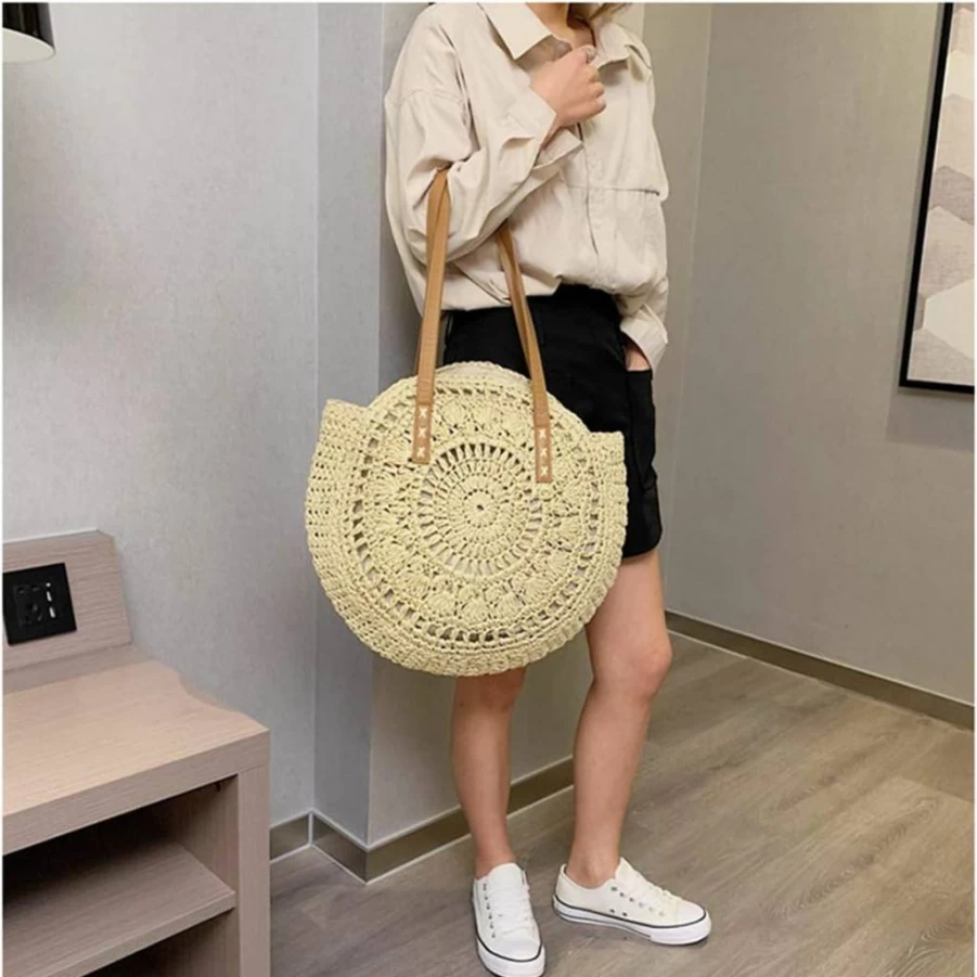 XMLMRY Foldable Straw Beach Bag for Women - Large Woven Tote Handbag, Summer Vacation Purse, Ideal Beach Gift
