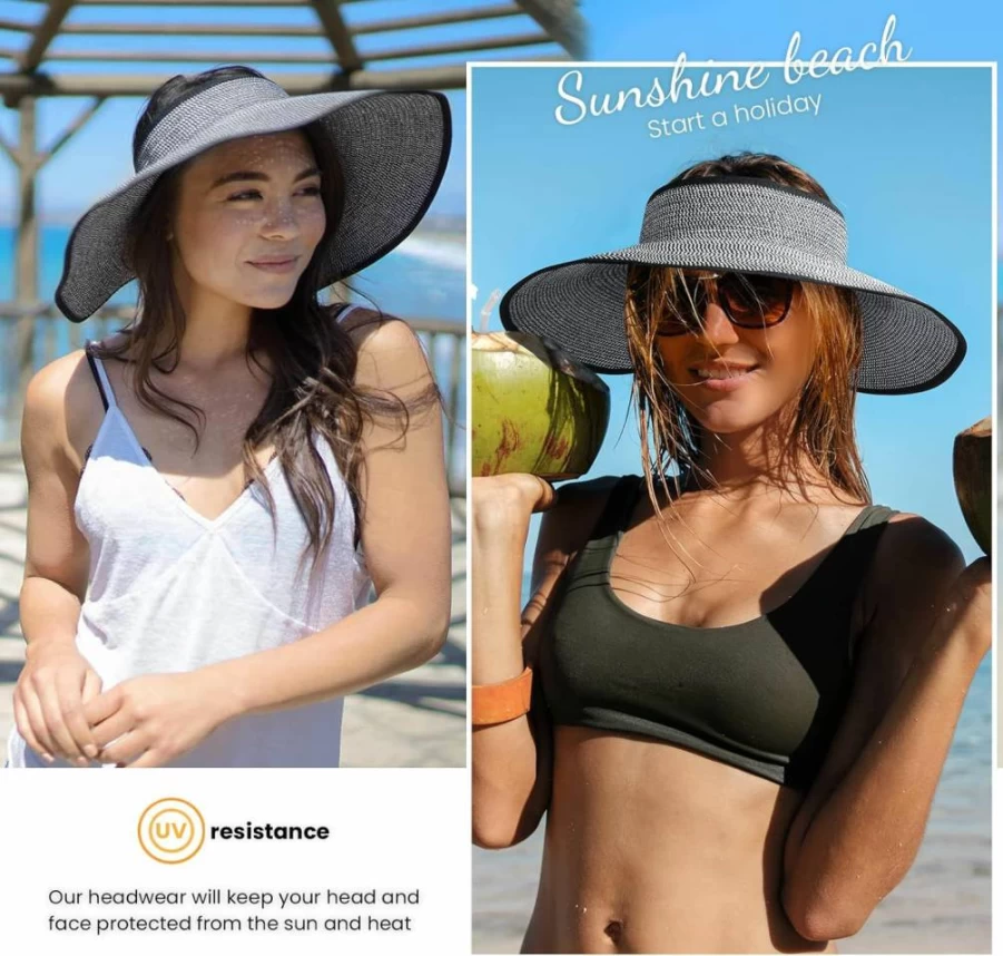 Simplicity Women's Roll-Up Wide Brim Straw Sun Hat – Fashionable UV Protection Summer Visor