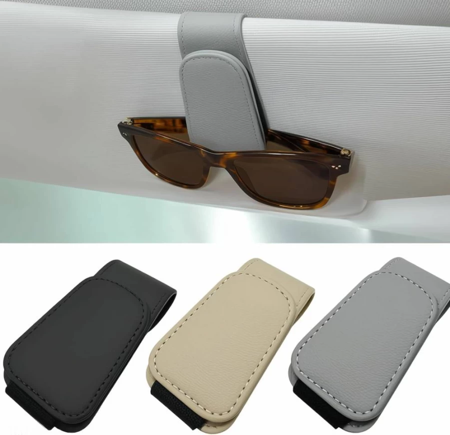 EldHus Magnetic Car Visor Sunglass Holder - 2 Pack Universal Leather Eyeglass Clip, Black Vehicle Sunglasses Hanger for Car