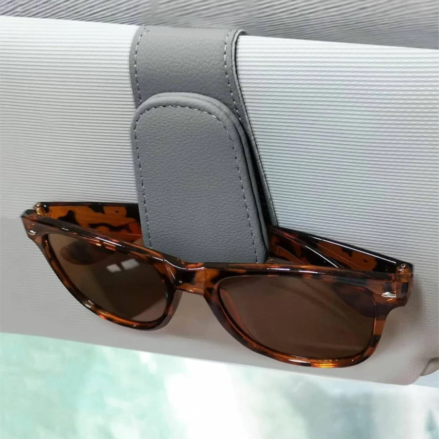 EldHus Magnetic Car Visor Sunglass Holder - 2 Pack Universal Leather Eyeglass Clip, Black Vehicle Sunglasses Hanger for Car