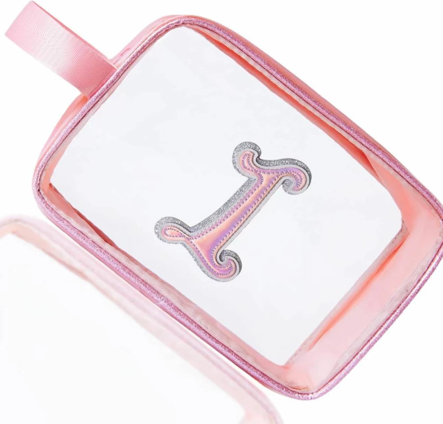 COSHAYSOO Waterproof Clear Makeup Bag for Travel - Beach Vacation Essentials Toiletry Purse with Preppy Chenille Letter, Ideal for Women & Teens, Summer Sunscreen Pouch, Personalized Gift for Easter