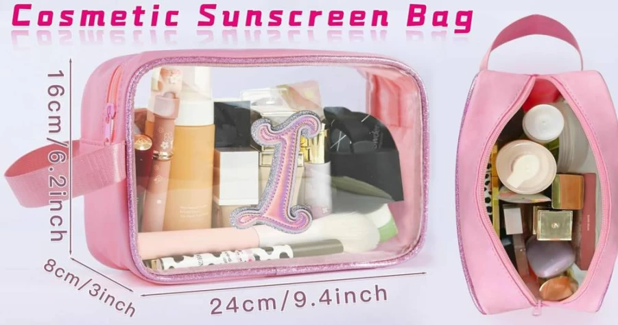 COSHAYSOO Waterproof Clear Makeup Bag for Travel - Beach Vacation Essentials Toiletry Purse with Preppy Chenille Letter, Ideal for Women & Teens, Summer Sunscreen Pouch, Personalized Gift for Easter
