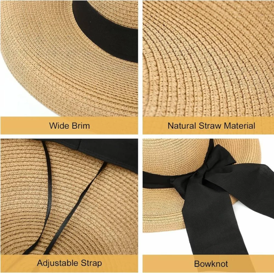 Surblue Women's Floppy Sun Hat - Wide Brim Straw Beach Hat with Bow for Summer