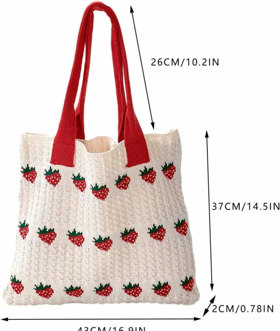 Stizimn Handmade Crochet Tote Bag - Strawberry Pattern Knitted Shoulder Bag for Women, Aesthetic Weaving Beach Bag