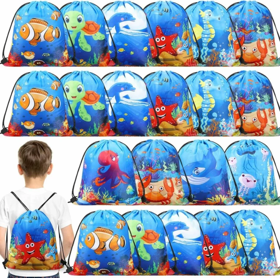 Sanwuta 18-Piece Under The Sea Party Favor Bags - Ocean Theme Drawstring Goodie Bags for Beach Birthday, Baby Shower, Summer Party Decor with Sea Animal Designs (Classic Style)