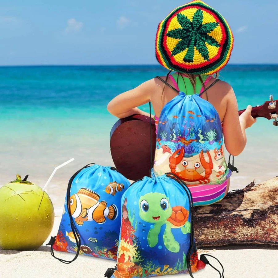 Sanwuta 18-Piece Under The Sea Party Favor Bags - Ocean Theme Drawstring Goodie Bags for Beach Birthday, Baby Shower, Summer Party Decor with Sea Animal Designs (Classic Style)