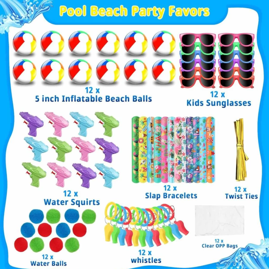 Extpro 72Pcs Summer Pool Party Favors for Kids - Inflatable Beach Balls, Sunglasses, Water Guns, Slap Bracelets, Whistles & Goodie Bags for Birthday Decorations