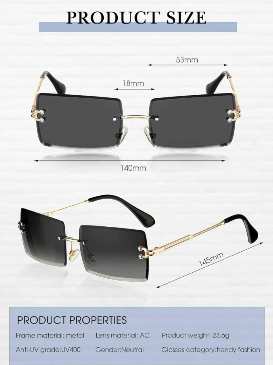 Frienda Vintage Rimless Rectangle Sunglasses for Women & Men – Transparent Square Frameless Eyewear, 4-Pack
