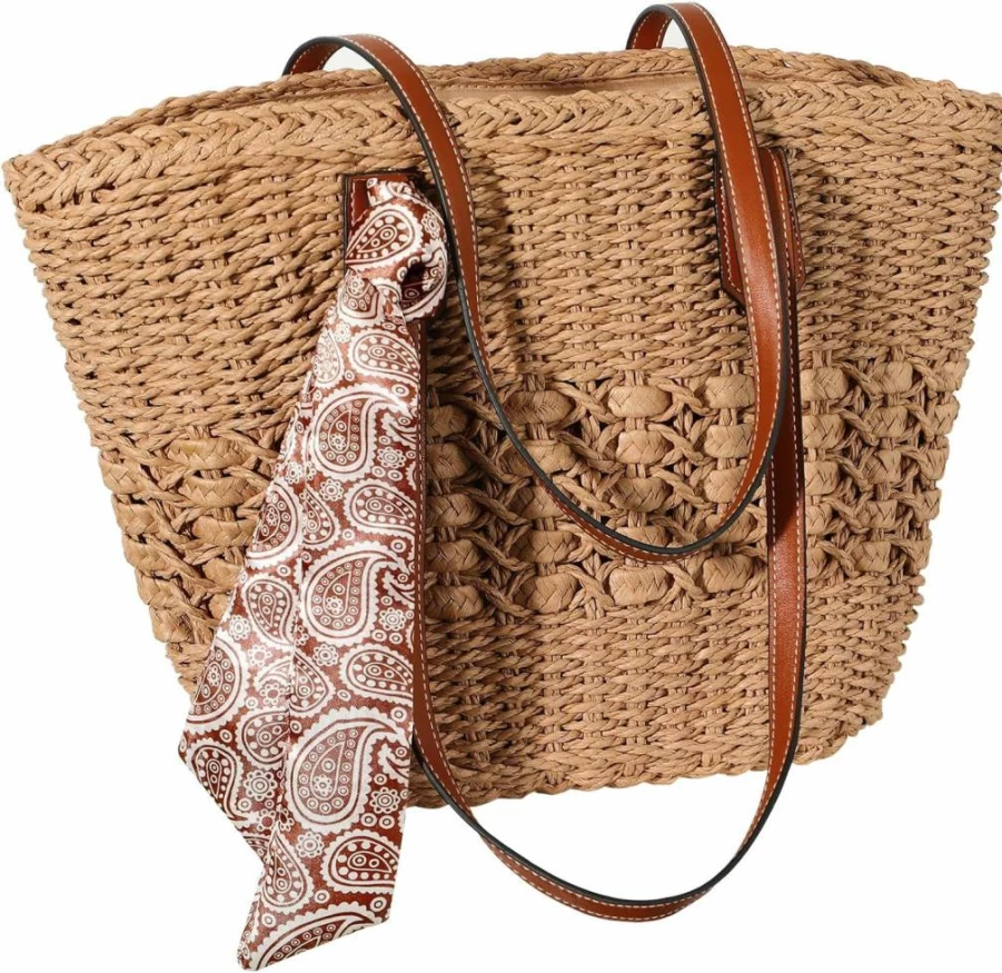 Trifabricy Woven Straw Beach Tote Bag For Women - Summer Straw Shoulder Handbag