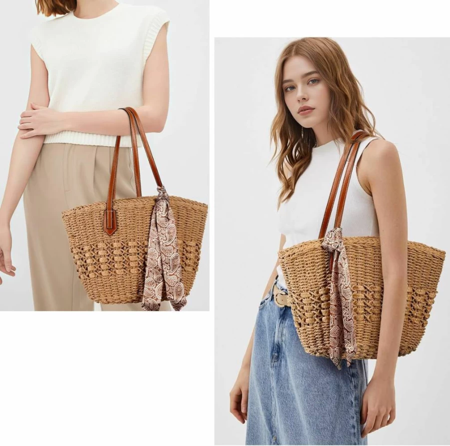 Trifabricy Woven Straw Beach Tote Bag For Women - Summer Straw Shoulder Handbag