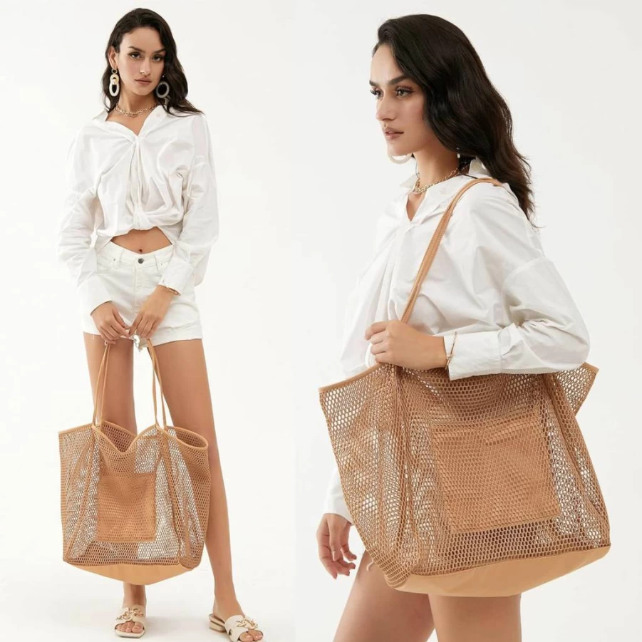 HOXIS Mesh Beach Tote Bag for Women - Lightweight Shoulder Handbag for Pool, Beach, and Travel