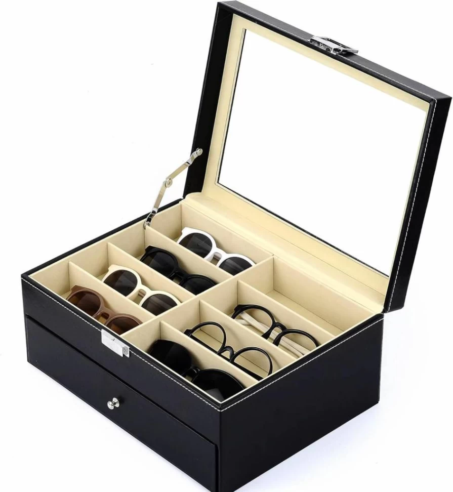 Siveit 8-Slot Leather Eyeglass Case - Premium Sunglass Organizer & Eyewear Display Storage Box for Glasses Collection, Black